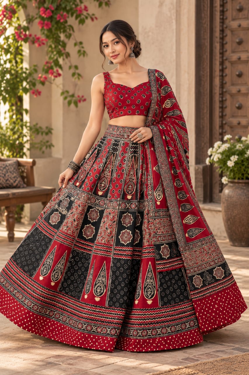 Red Black Ajrakh Chaniya Choli