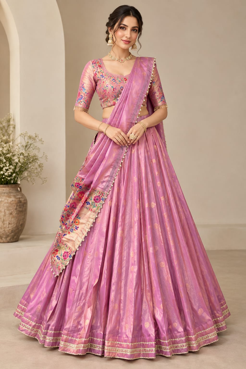 Mahagauri Pink Chanderi Silk Chaniya Choli - Navratri / Dandia Dress